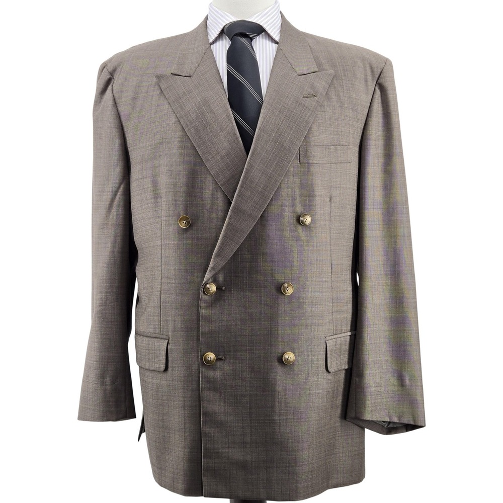 Vintage Lai Chow Tailors Suit Jacket Mens 44R Beige Check Double-Breasted 80s